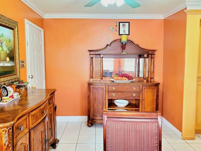 3827 Monmouth Ln, Pasadena, TX 77505 - interior space featuring a ceiling fan, light tile patterned flooring, baseboards, and crown molding