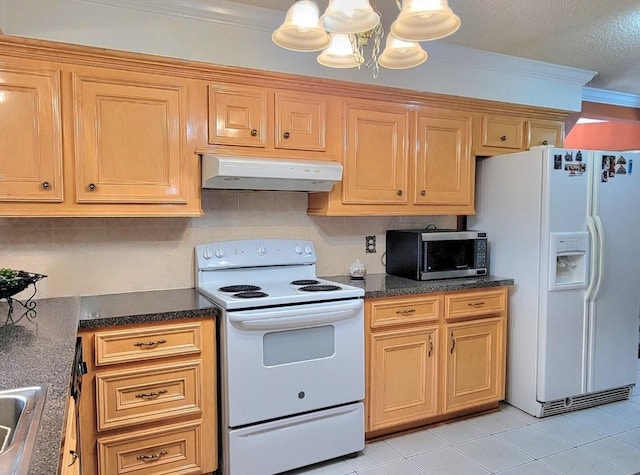 kitchen featuring pendant lighting, white appliances, sink, ornamental molding, and light tile patterned flooring