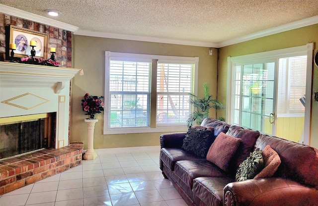 tiled living room featuring a fireplace, a textured ceiling, and ornamental molding