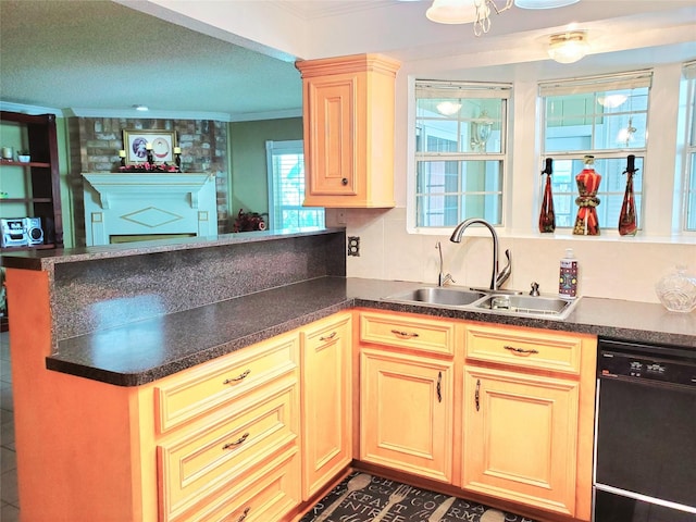 kitchen featuring dishwasher, crown molding, sink, light brown cabinetry, and tasteful backsplash