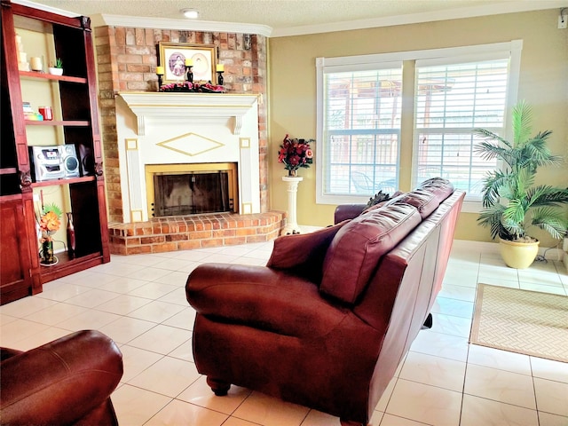 tiled living room featuring a textured ceiling, a brick fireplace, and crown molding