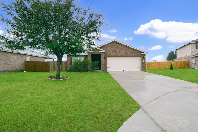 single story home featuring a front yard and a garage