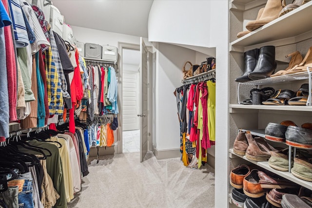 spacious closet featuring light colored carpet