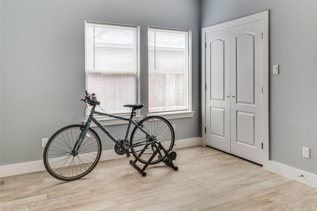 exercise area featuring plenty of natural light and light wood-type flooring