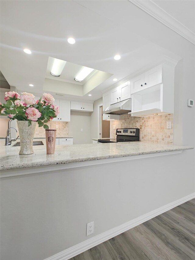 kitchen with white cabinets, a raised ceiling, ornamental molding, and kitchen peninsula