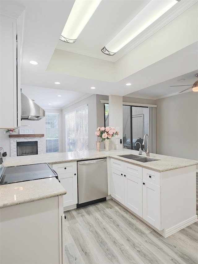 kitchen featuring sink, wall chimney range hood, stainless steel dishwasher, a tray ceiling, and white cabinets