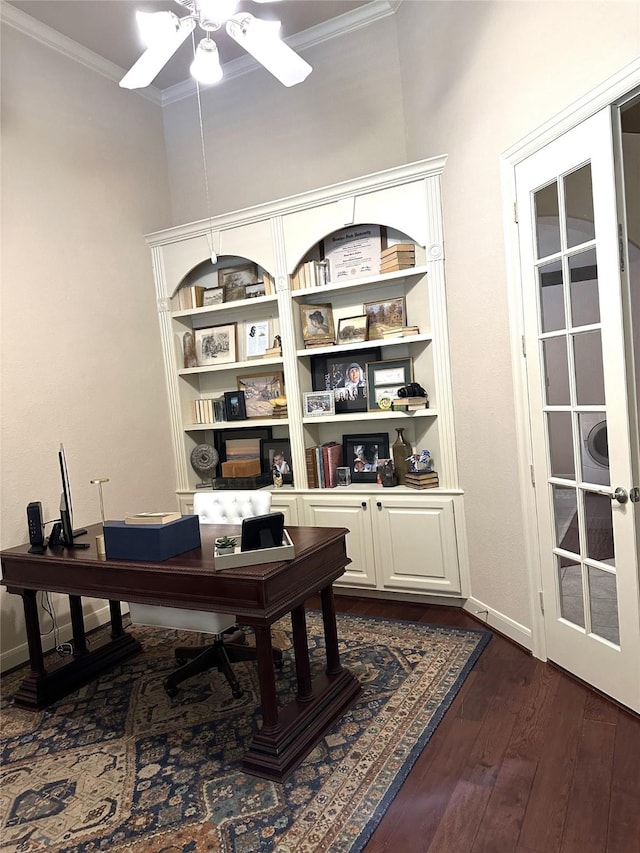 home office featuring ceiling fan, ornamental molding, and dark wood-type flooring