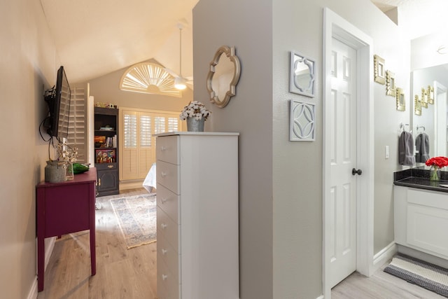 bathroom featuring hardwood / wood-style flooring and vaulted ceiling