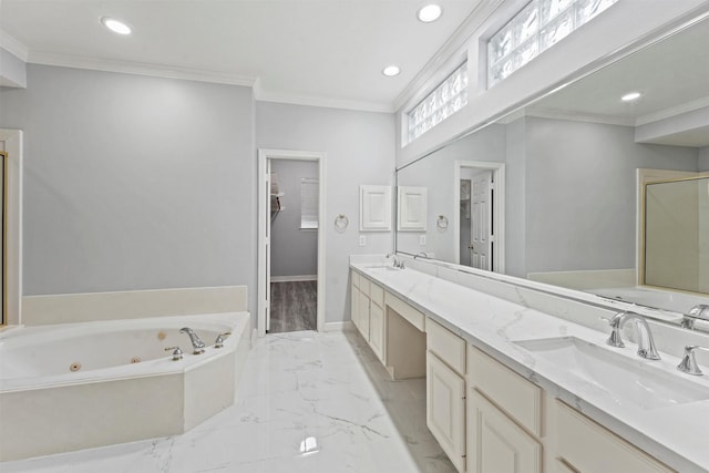 bathroom featuring ornamental molding, vanity, and a tub