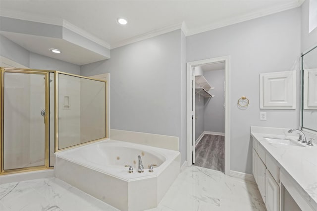 bathroom with vanity, independent shower and bath, and ornamental molding