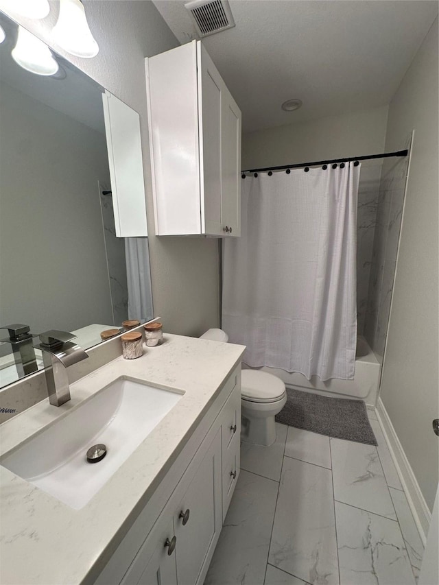 full bathroom with vanity, toilet, and shower / bath combo with shower curtain