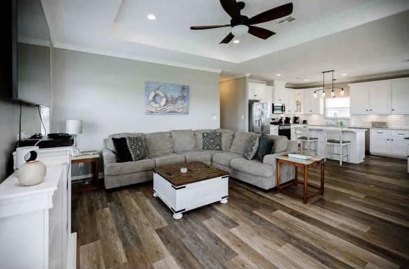 living room with ceiling fan, dark hardwood / wood-style flooring, and a tray ceiling