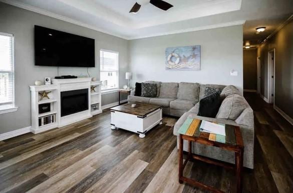 living room with a raised ceiling, ceiling fan, plenty of natural light, and dark hardwood / wood-style floors