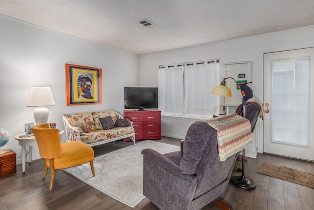 living room with dark wood-type flooring