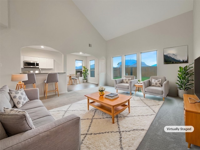 carpeted living room with high vaulted ceiling