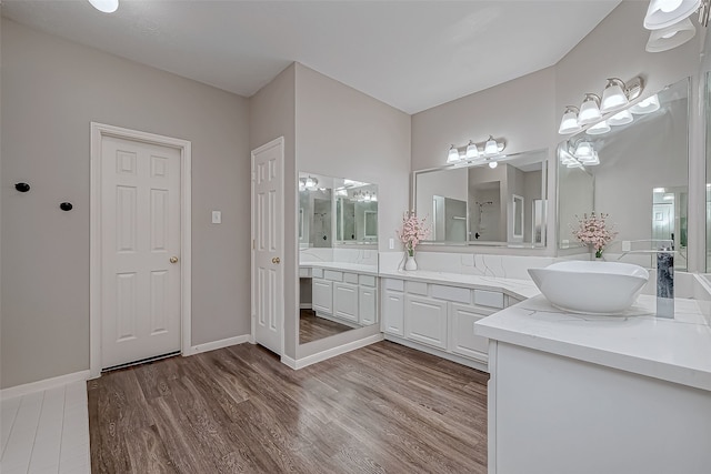 bathroom with wood-type flooring and vanity