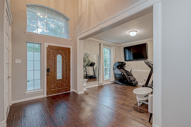 foyer entrance featuring hardwood / wood-style floors, ornamental molding, and a high ceiling