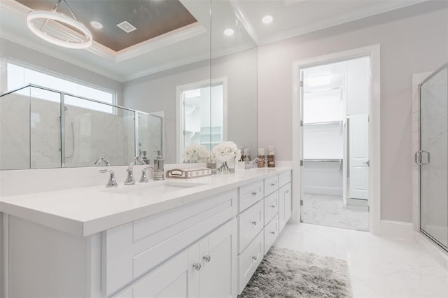 5636 Darling St, Houston, TX 77007 - full bath with a shower stall, ornamental molding, vanity, marble finish floors, and a tray ceiling