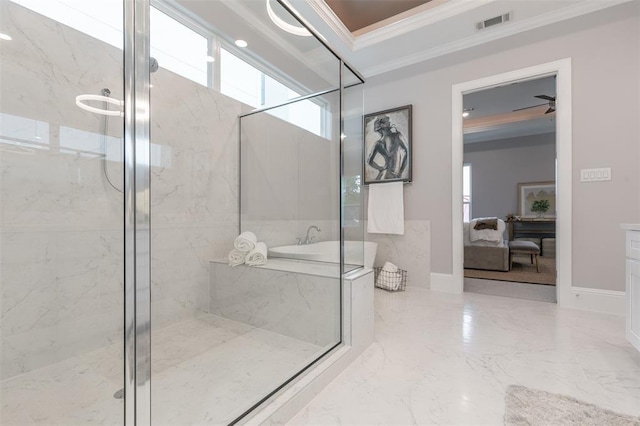 5636 Darling St, Houston, TX 77007 - full bathroom with ornamental molding, marble tiled flooring, a marble finish shower, a garden tub, and ensuite bath