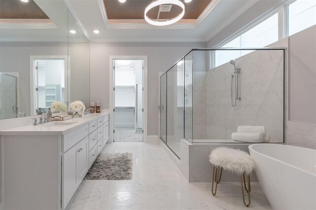 5636 Darling St, Houston, TX 77007 - full bath featuring a tray ceiling, marble tiled flooring, a stall shower, ornamental molding, and a soaking tub