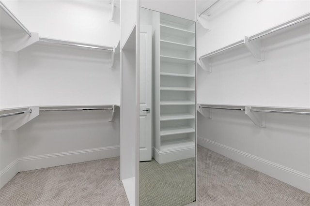 walk in closet with light colored carpet