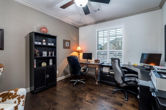 office area with ceiling fan, ornamental molding, and dark hardwood / wood-style floors