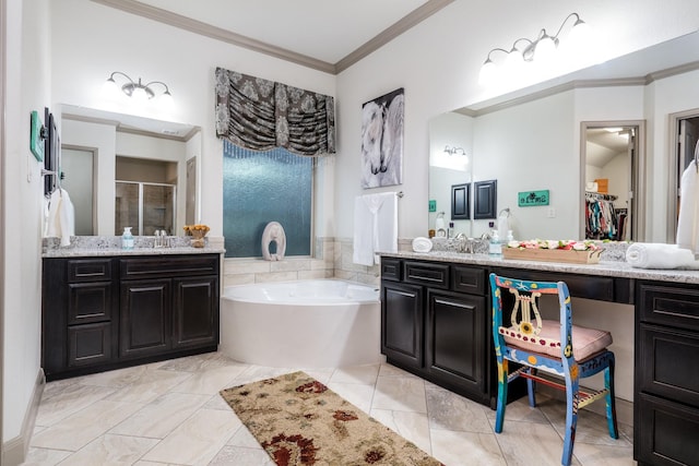 bathroom featuring vanity, tile patterned flooring, independent shower and bath, and ornamental molding