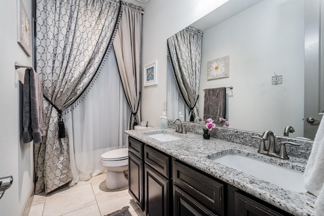 bathroom with toilet, tile patterned flooring, and vanity