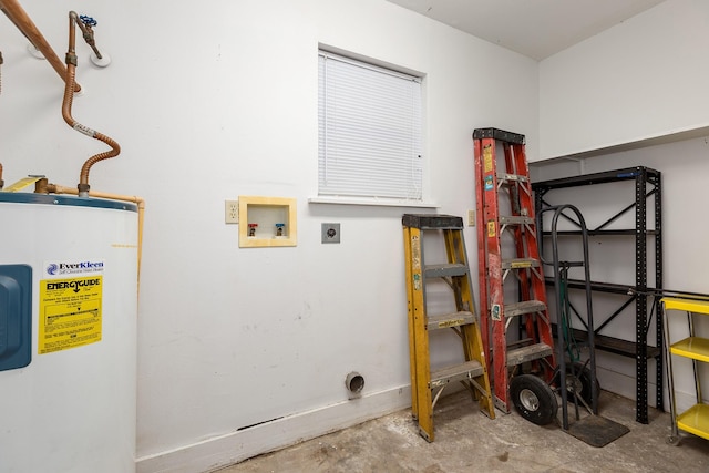 laundry area featuring laundry area, washer hookup, hookup for an electric dryer, and electric water heater