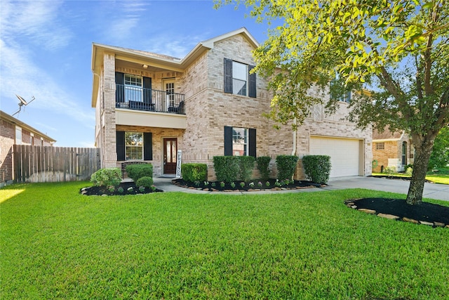 view of front facade featuring a balcony, a garage, and a front lawn