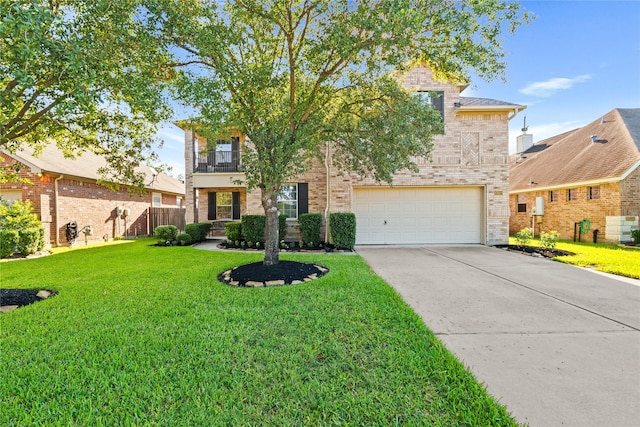 view of front of house with a garage, a balcony, and a front lawn