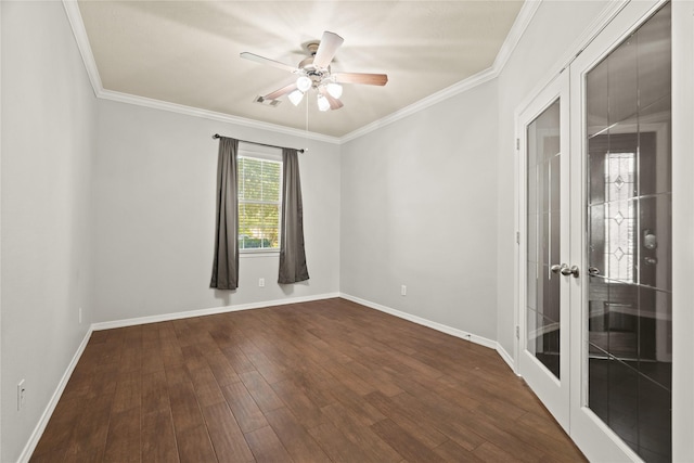 unfurnished room featuring french doors, dark hardwood / wood-style floors, ceiling fan, and ornamental molding