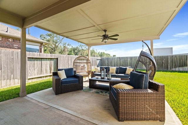 view of patio featuring an outdoor living space and ceiling fan