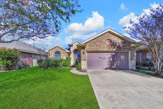 ranch-style home featuring a front yard and a garage