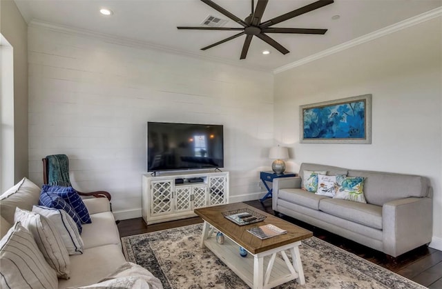 living room featuring crown molding, ceiling fan, and dark hardwood / wood-style floors