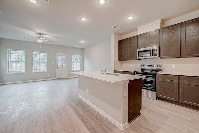 kitchen featuring a center island with sink, stainless steel appliances, light wood-type flooring, ceiling fan, and sink