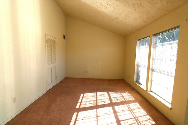 carpeted spare room with a textured ceiling and vaulted ceiling