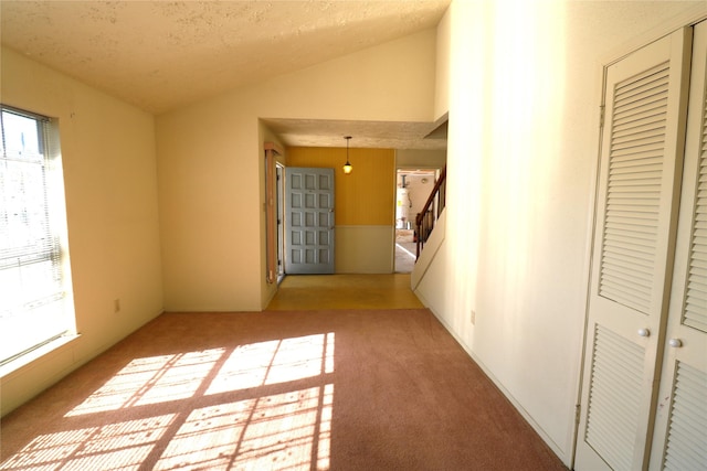 interior space with carpet, lofted ceiling, and a textured ceiling