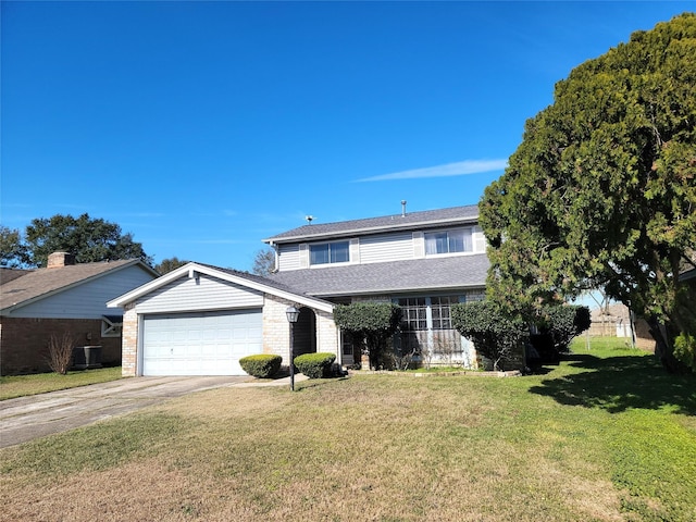 view of property featuring central air condition unit, a front yard, and a garage