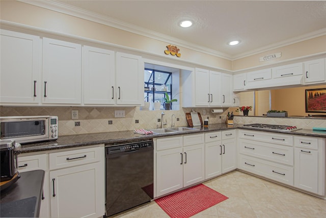 kitchen featuring white cabinets, tasteful backsplash, ornamental molding, sink, and dishwasher