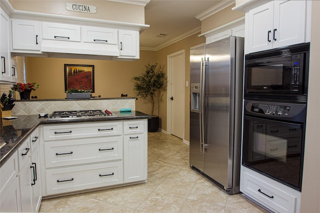 kitchen with black appliances, crown molding, white cabinetry, and kitchen peninsula