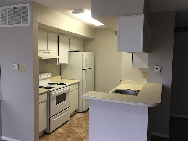 kitchen featuring white cabinets, white appliances, kitchen peninsula, and sink