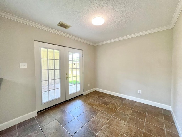 doorway featuring crown molding, french doors, and a textured ceiling