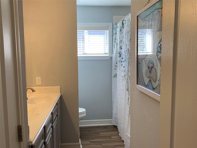 bathroom with wood-type flooring, toilet, and vanity