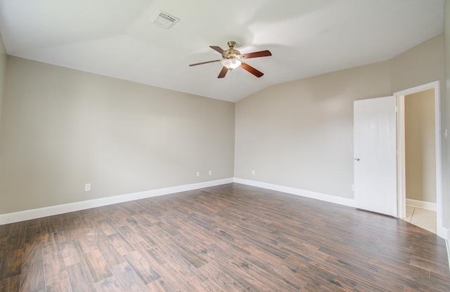 unfurnished room featuring dark hardwood / wood-style floors, ceiling fan, and lofted ceiling