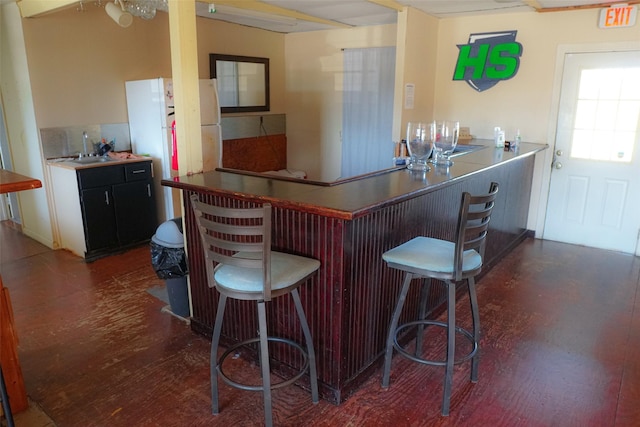 bar with white fridge, sink, dark hardwood / wood-style floors, and decorative backsplash