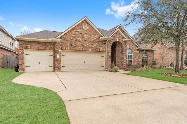 view of front of house with a garage and a front lawn