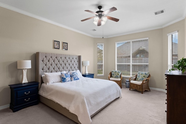 bedroom with light carpet, multiple windows, and ceiling fan