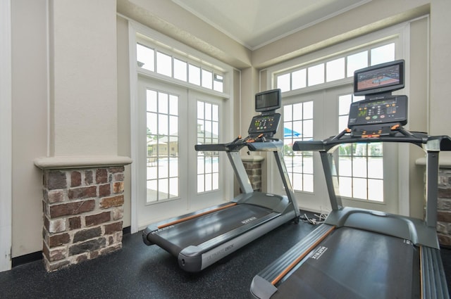 exercise room featuring crown molding and french doors