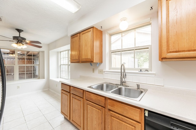 kitchen with ceiling fan, black dishwasher, a wealth of natural light, and sink